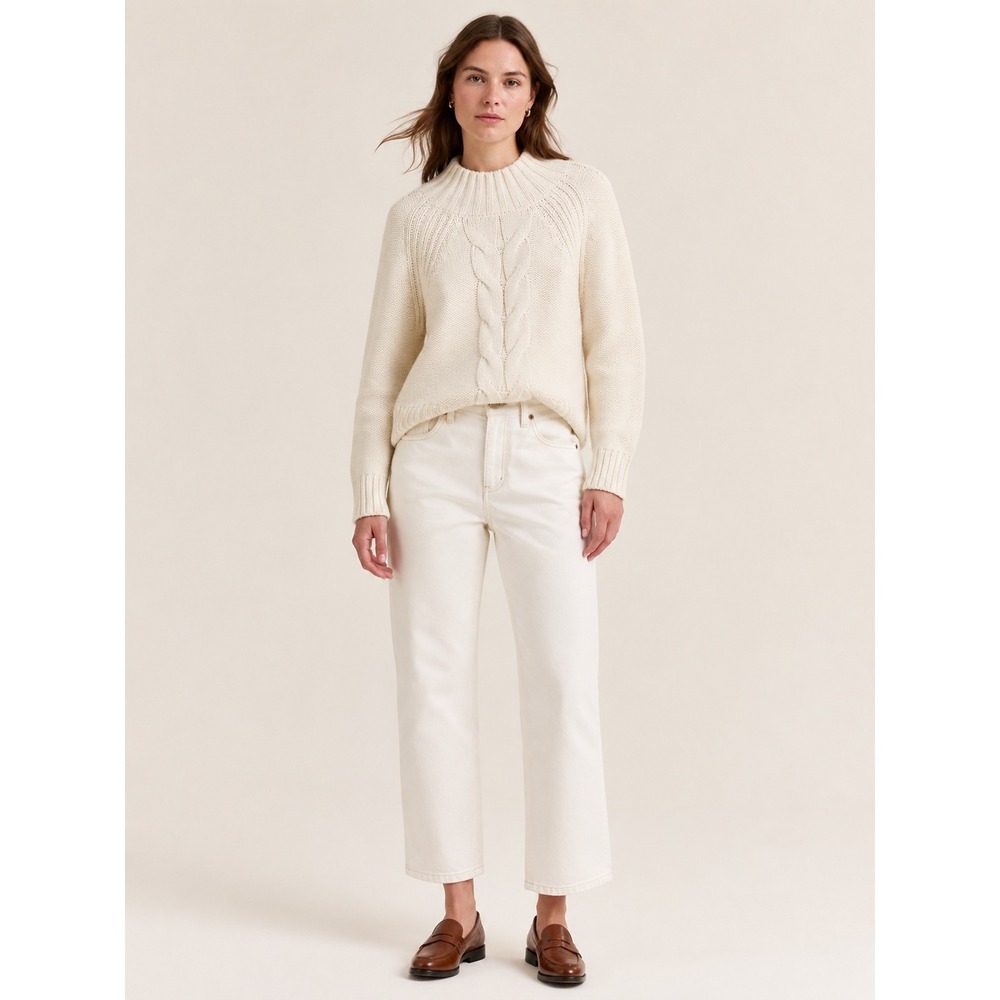 Tommy Hilfiger Womens Cable Knit Sweater Size M Cream Mock Neck Chunky Pullover
